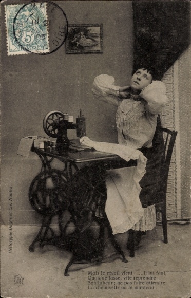 Postcard Woman with sewing machine, sewing shirt for husband