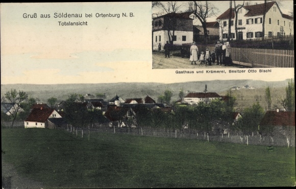Postcard Söldenau Ortenburg Niederbayern, inn and grocer, overall view of the village