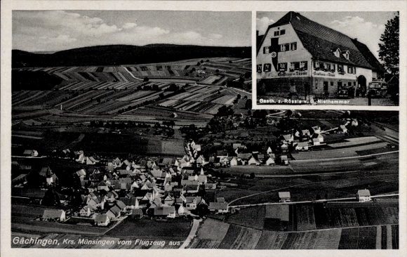 Ak Gächingen Sankt Johann auf der Schwäbischen Alb, Fliegeraufnahme, Gasthaus zum Rössle