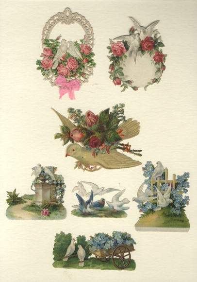 7 wafers white doves with roses and forget-me-nots, approx. 8 x 10 cm to 3.5 x 6 cm