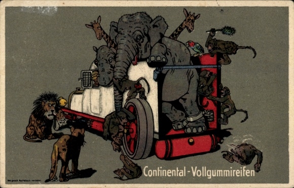 Postcard Continental solid rubber tires, automobile, elephant, lions, giraffes, monkeys