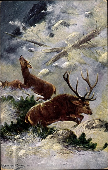 Artist PC Müller, M. jun., deer flee from an avalanche