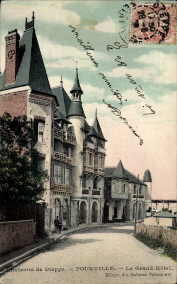 Ak Pourville sur Mer Hautot sur Mer Seine Maritime, Le Grand Hôtel, Architektur, entspannte St...