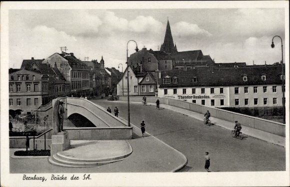 Postcard Bernburg an der Saale, bridge of the SA, business building Theodor Roskoden