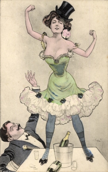 Artist Postcard Pretty Woman, Green Dress, Champagne Bottle