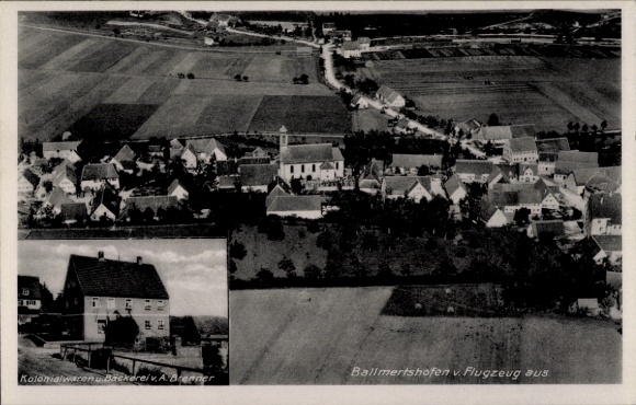 Ak Ballmertshofen Dischingen in Württemberg, Fliegeraufnahme, Kolonialwaren Bäckerei v. A. Brenner