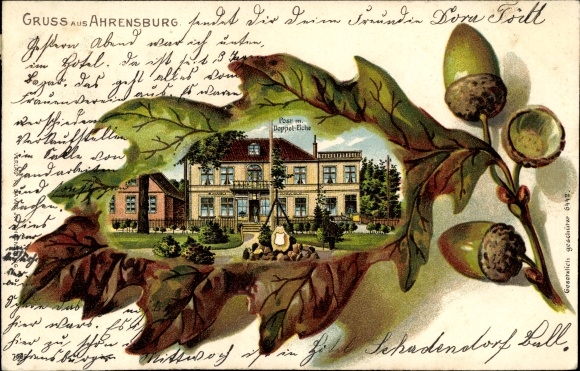 Oak leaf litho Ahrensburg in Schleswig Holstein, post office with double oak