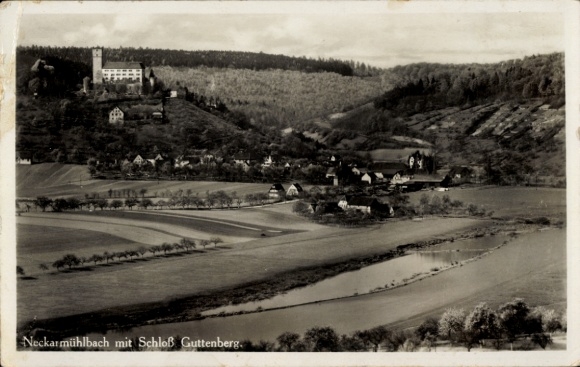 Postcard Neckarmühlbach Haßmersheim in Baden, total with Guttenberg Castle