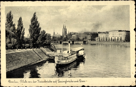 KP Wrocław Breslau Schlesien, widok z Kaiserbrücke na Lessingbrücke i katedrę