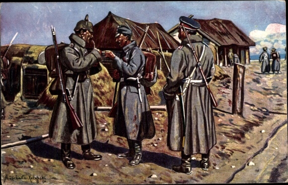 Künstler Ak Lüschwitz Koreffski, Drei Waffenbrüder in serbischem Dorf, Soldaten in Uniformen, I. WK
