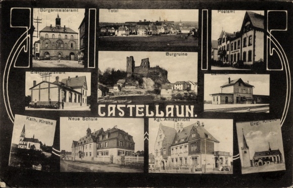 Postcard Kastellaun in the Hunsrück, castle ruins, post office, mayor's office, church, district court, school
