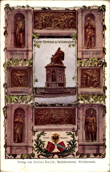 Coat of arms Postcard Weil der Stadt in Baden Württemberg, Kepler Monument, Astronomia, Copernicus, Optica