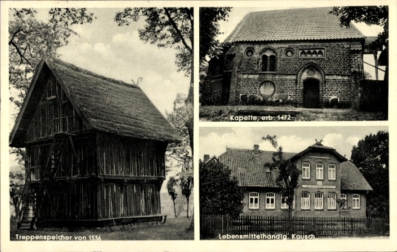 Ak Bokel Sprakensehl Niedersachsen, Treppenspeicher, Kapelle, Geschäft Kausch