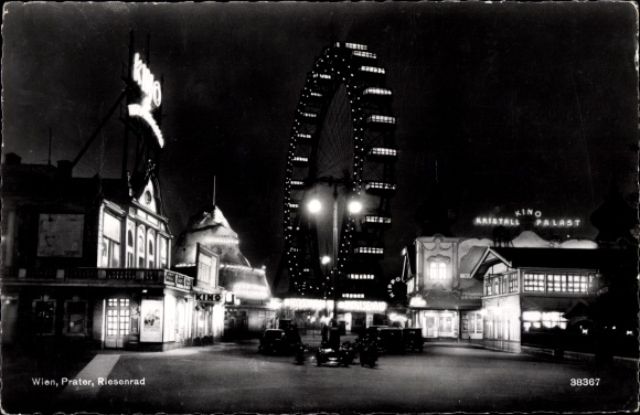 Postcard Wien 2. Leopoldstadt, Prater Riesenrad at night, cinema