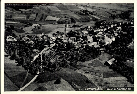 Postcard Perlesreut Lower Bavaria, aerial view of Bavarian forest, church visible, rural surroundings
