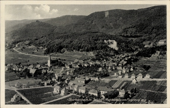 Ak Oberhambach Hambach Neustadt an der Weinstraße, Luftaufnahme von  Schloss im Hintergrund, Wein