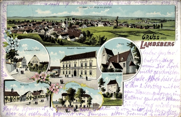 Chromo-Litho Landsberg Saalekreis, brewery-restaurant, church, chapel, recreation, market square, Lutherplatz