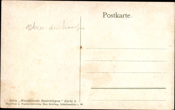Postcard Westphalian farmer in costume comes from the field, whistle