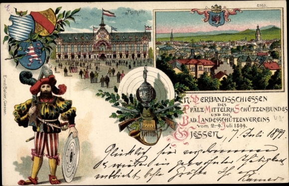 Postwaardestukken Wapenschild litho Gießen an der Lahn Hessen, 17e verbandschietpartij 1899, feestzaal