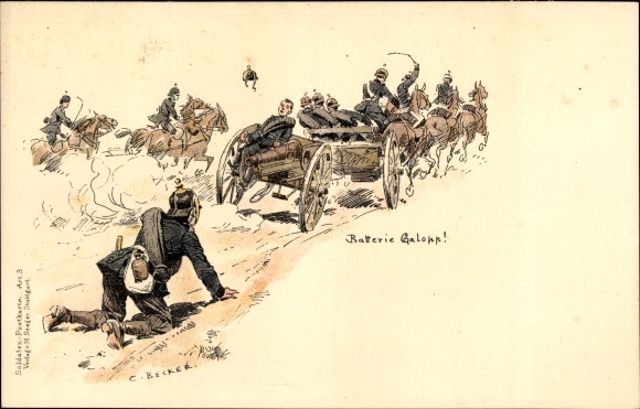 Kunstenaar litho Becker, C., Batterijgalop, Duitse soldaten, keizerlijke periode