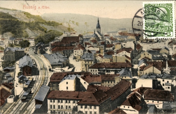 Postcard Ústí nad Labem Aussig on the Elbe, partial view, town, train station