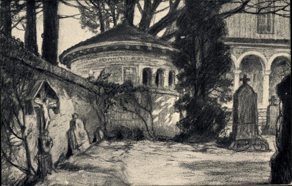 Artist PC Beuron Württemberg, view from the cemetery, tombstones