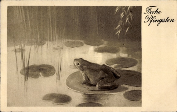 Artist Postcard Happy Pentecost, frog on the pond