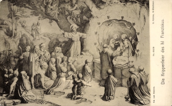 Artist Postcard Congratulations Christmas and New Year, Nativity celebration of St. Francis