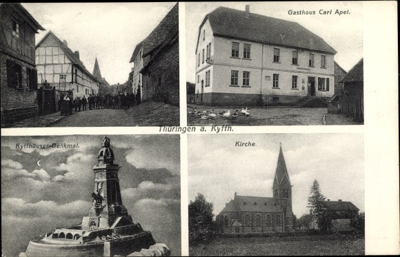 Ak Thürungen Kelbra am Kyffhäuser, kerk, herberg, straatgedeelte, Kaiser-Wilhelm-monument