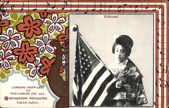 Ak Japanse vrouw in traditioneel kostuum, Amerikaanse vlag, reclame, warenhuis, Mitsukoshi Gofukuten