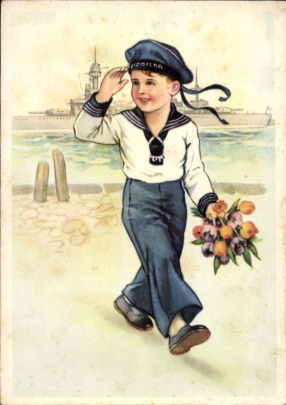 Ak Seemann mit Blumenstrauß, Matrose, Kriegsschiff