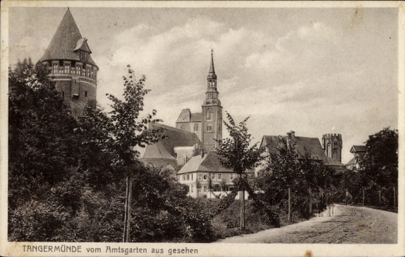 Postcard Tangermünde on the Elbe, castle, church, historical buildings, landscape