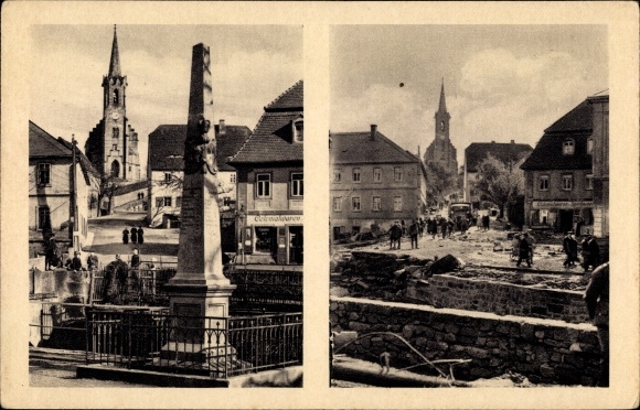 Ak Berggiesshübel in Saksen, plaats bij de brug, voor en na de catastrofe van 8./9. juli 1927