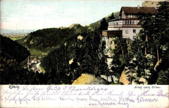 Ak Oybin in Sachsen, Blick nach Zittau, Gebäude, Wald, Restaurant