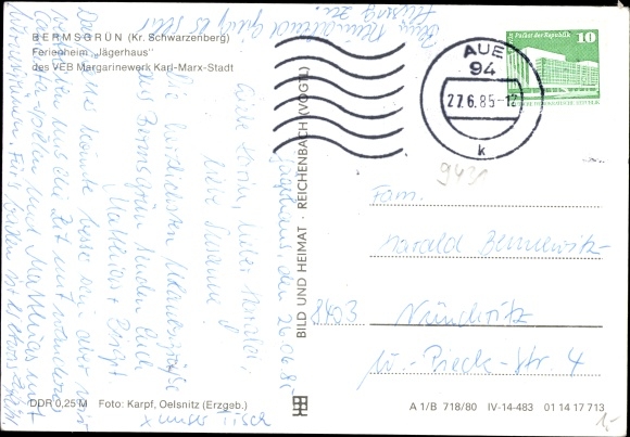 Postcard Jägerhaus Bermsgrün Schwarzenberg in the Ore Mountains, holiday home VEB Margarinewerk KM-Stadt