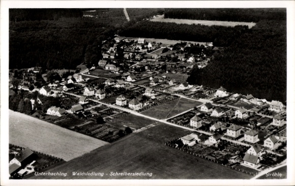 Ansichtkaart Unterhaching in Opper-Beieren, luchtfoto, bosnederzetting, schrijversnederzetting