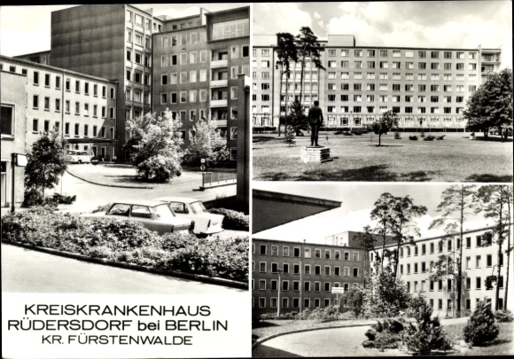 Ak Rüdersdorf bei Berlin, Kreiskrankenhaus Rüdersdorf,  Gebäude, Grünflächen, Statue