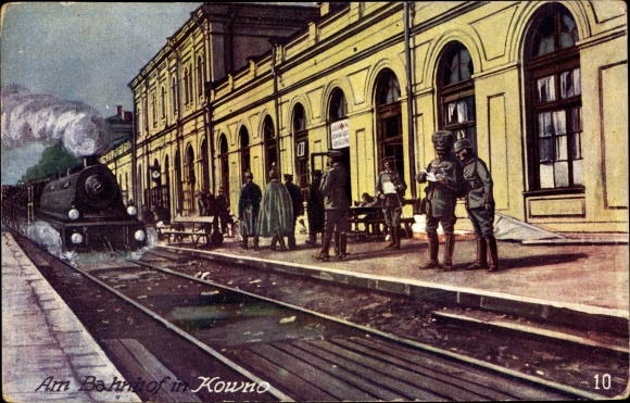 Artist PC Kaunas Kowno Kauen Lithuania, railway station, track side, steam locomotive