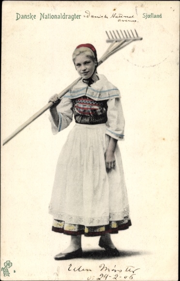 Postcard Denmark, Danish Peasant Girl, Rake