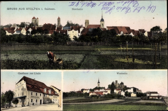 Postcard Stolpen in Sachsen, north side, Inn zur Linde, west side