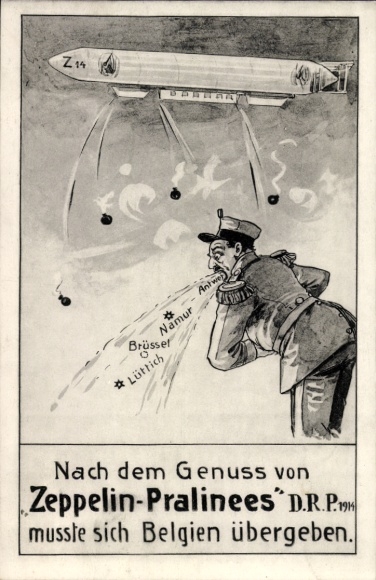 Postcard After eating Zeppelin pralines, Belgium had to vomit, Z 14, bombing