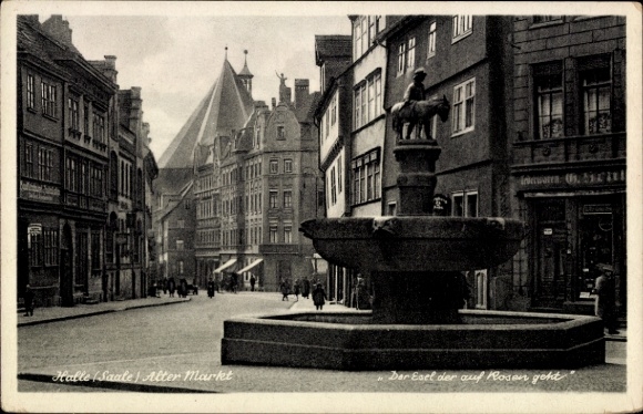 Postcard Halle an der Saale, Old Market, fountain with donkey, building