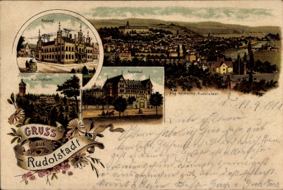 Litho Rudolstadt in Thüringen, Gesamtansicht, Rudolsbad, Postamt