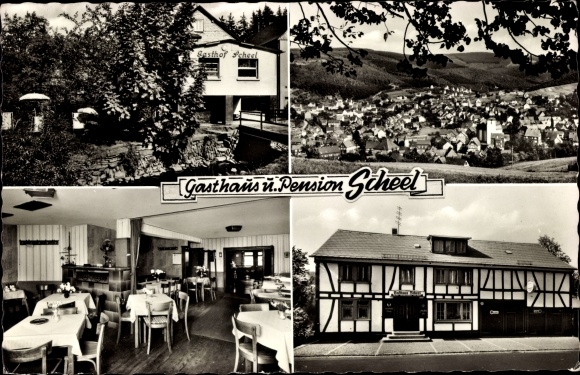 Postcard Daaden in the Westerwald, Inn Pension Scheel, town view