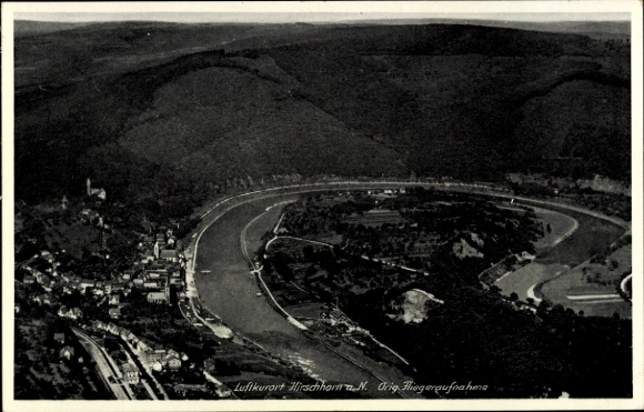 Ak Hirschhorn am Neckar Hessen, Luftaufnahme von Hirschhorn, Neckar, Fluss, Hügel, Landschaft