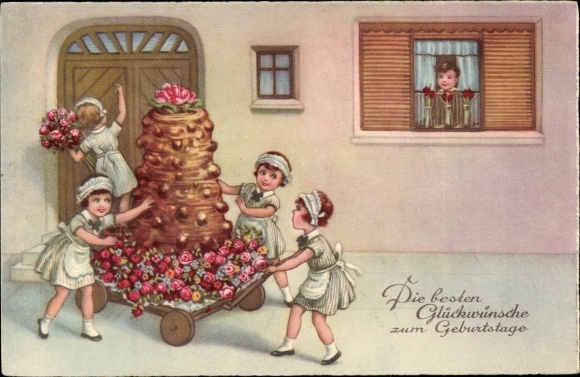 Postcard congratulations birthday, girls, well-wishers, cakes, roses