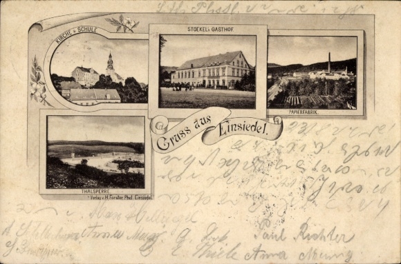 Postcard Einsiedel Chemnitz, Stoeckels Gasthof, paper factory, dam, church, school, proof