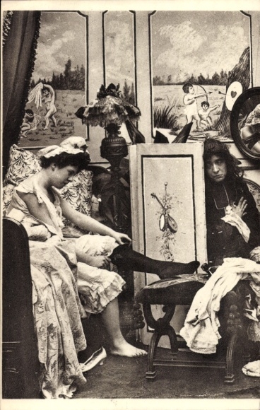 Postcard Parisiennes fin de siecle, lady in the dressing room, stockings