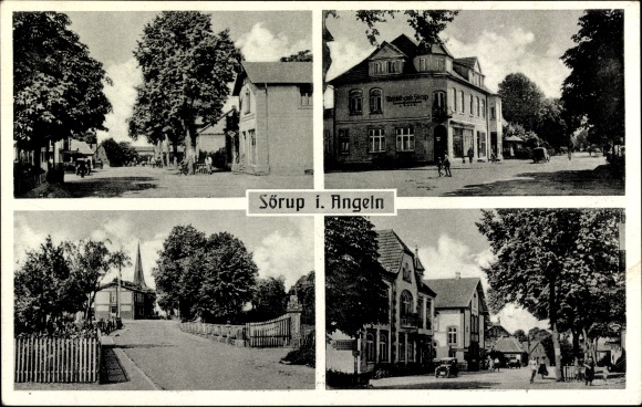 Ansichtkaart Sörup in Sleeswijk-Holstein, gedeeltelijke aanzichten, kredietbank, kerktoren, gebouw