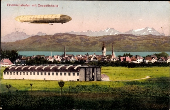 Ak Friedrichshafen am Bodensee, Gesamtansicht, Zeppelinhalle, Zeppelin